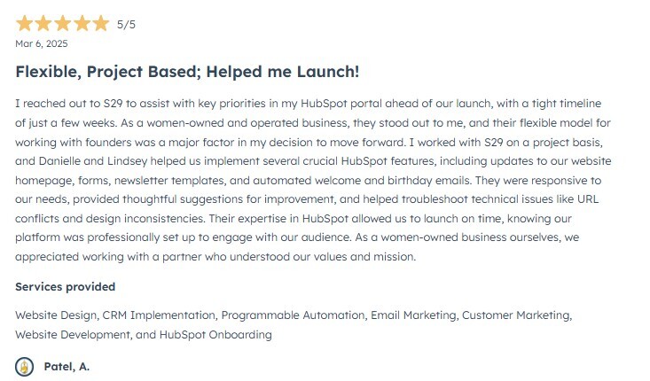 S29 Consulting Five Star Review HubSpot Partner Directory - Learning and Development