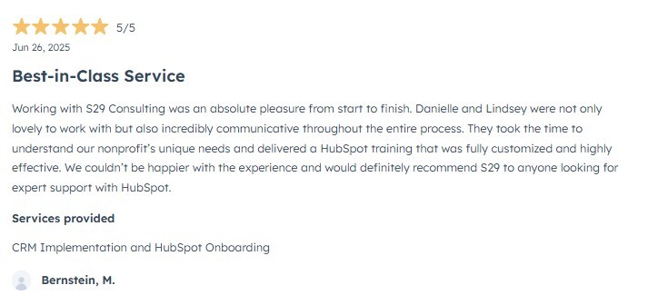 S29 Consulting Five Star Review HubSpot Partner Directory